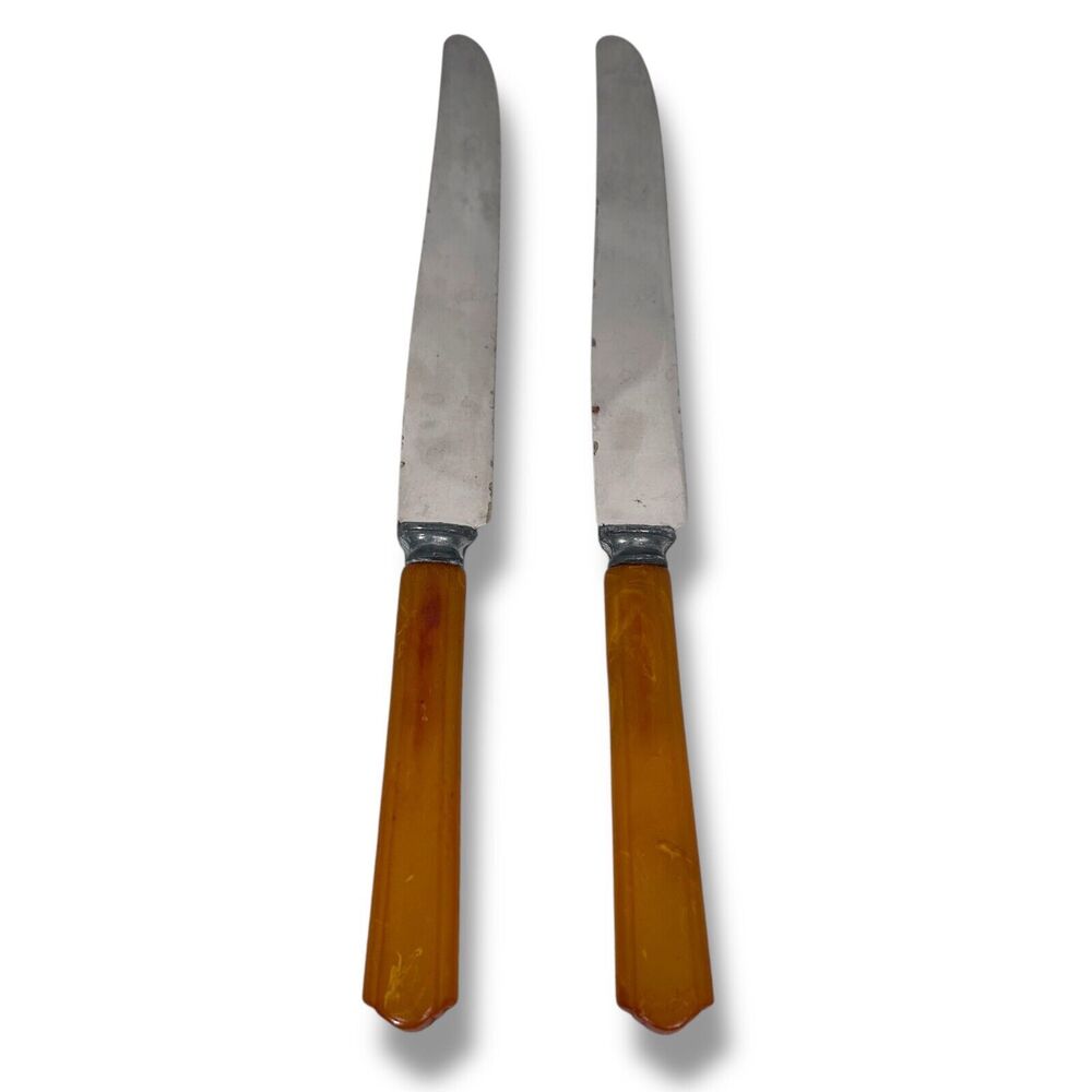 Vintage‎ Dinner Knives Lot 2 Silverplate Stainless Butterscotch Bakelite Handle